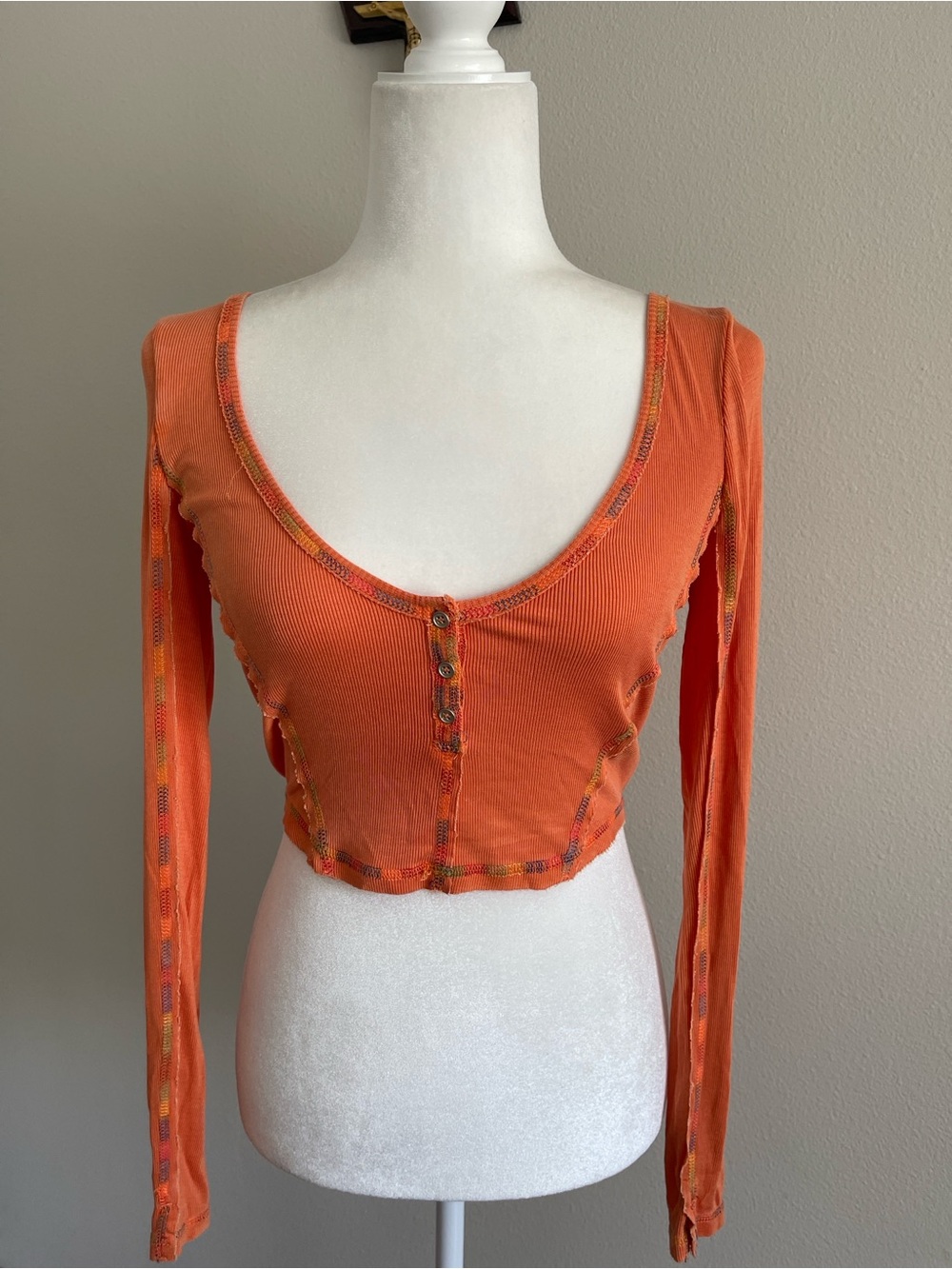 Urban Outfitters Orange Cropped Long-Sleeve Ribbed Henley